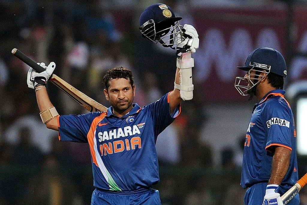 Sachin Tendulkar, celebrates his stormy knock.